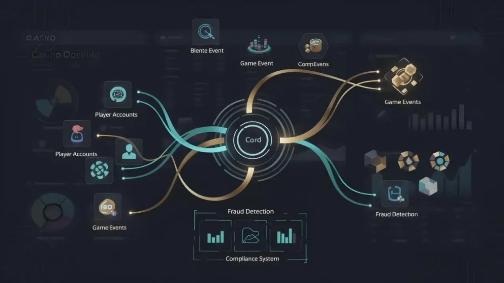 visual diagram of casino data infrastructure showing player accounts, game events, and fraud detection connections