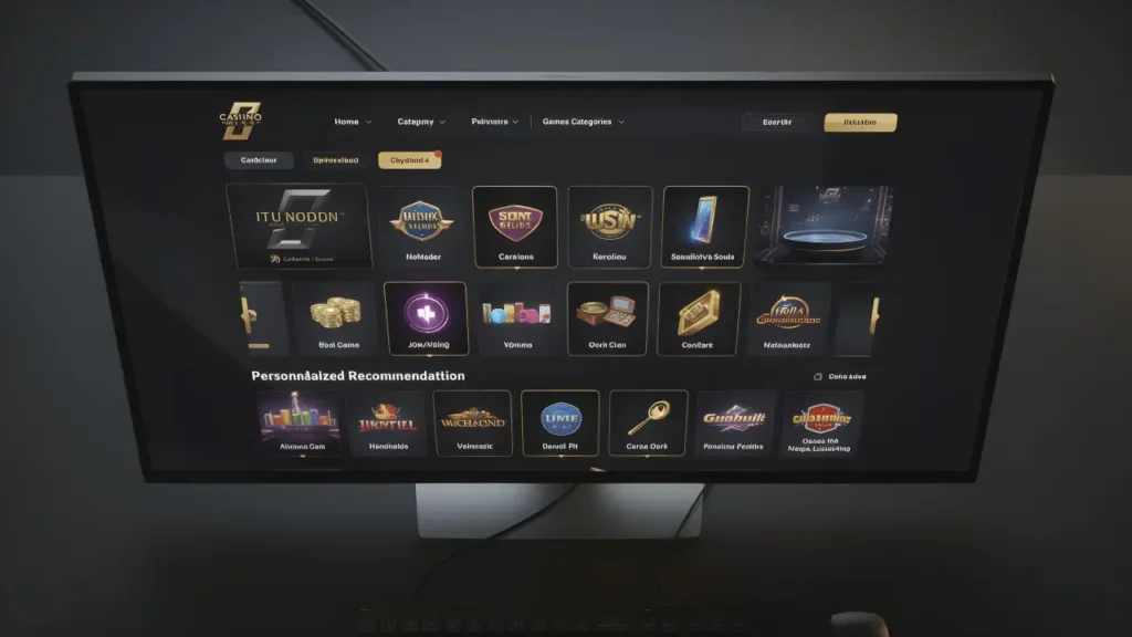 Wide monitor displaying organized casino lobby interface with game categories, filters, and personalized recommendations