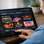 User browsing casino lobby on tablet selecting game categories like slots and table games