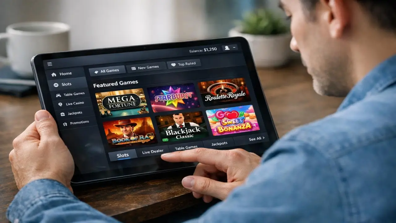 User browsing casino lobby on tablet selecting game categories like slots and table games